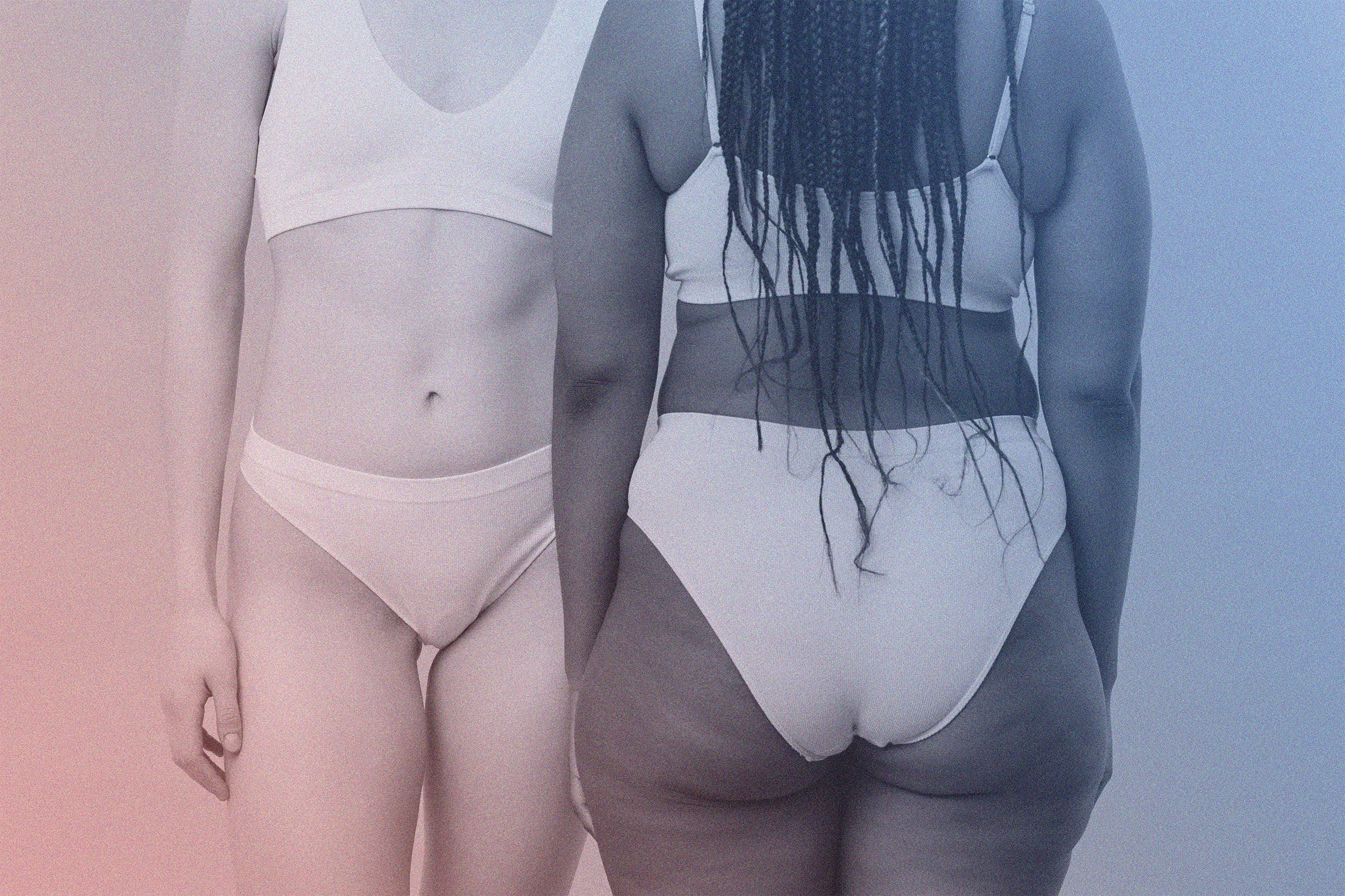 Two people wearing white swimsuits against a gradient background