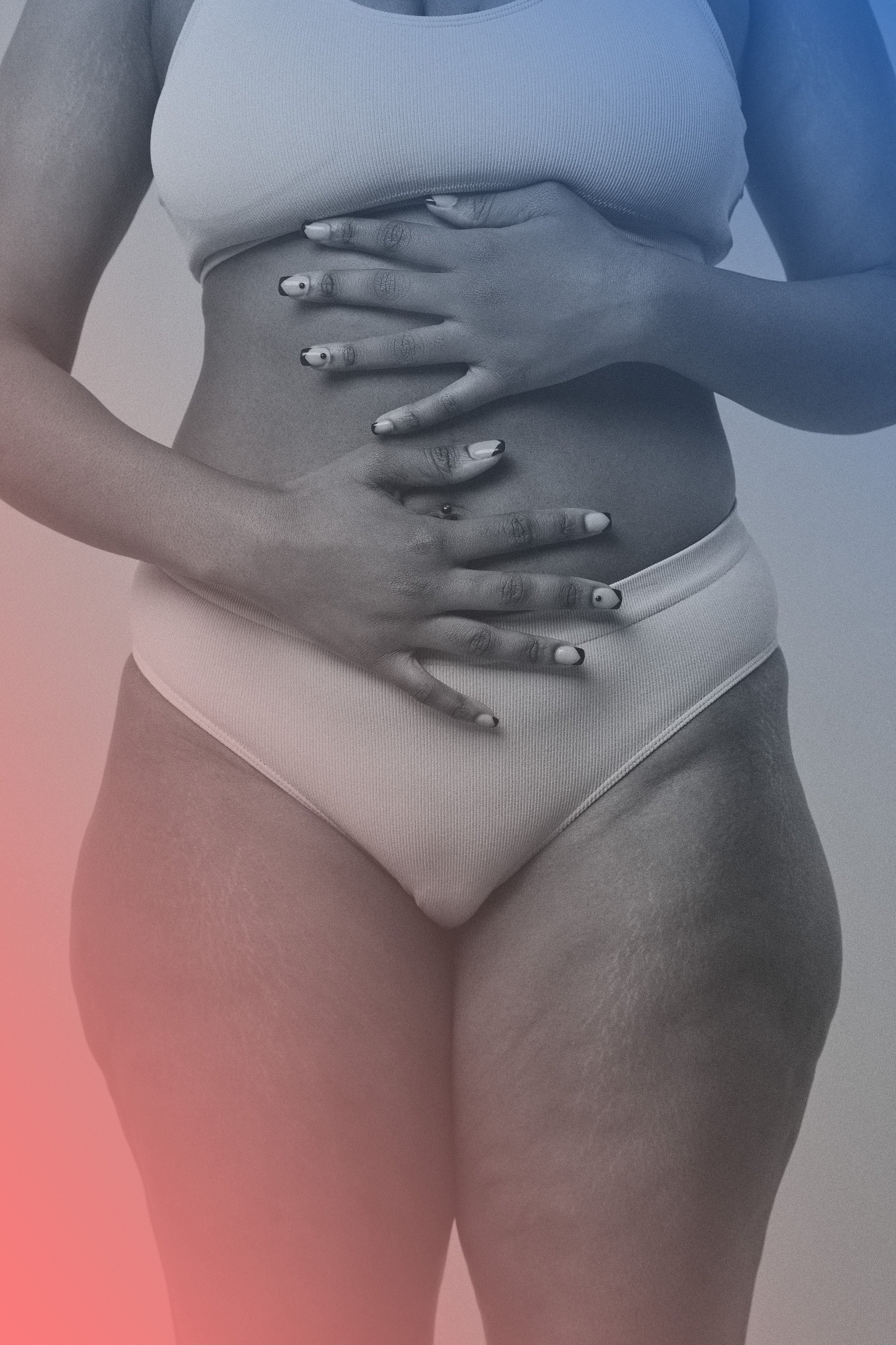 Person wearing a white swimsuit against a gradient background