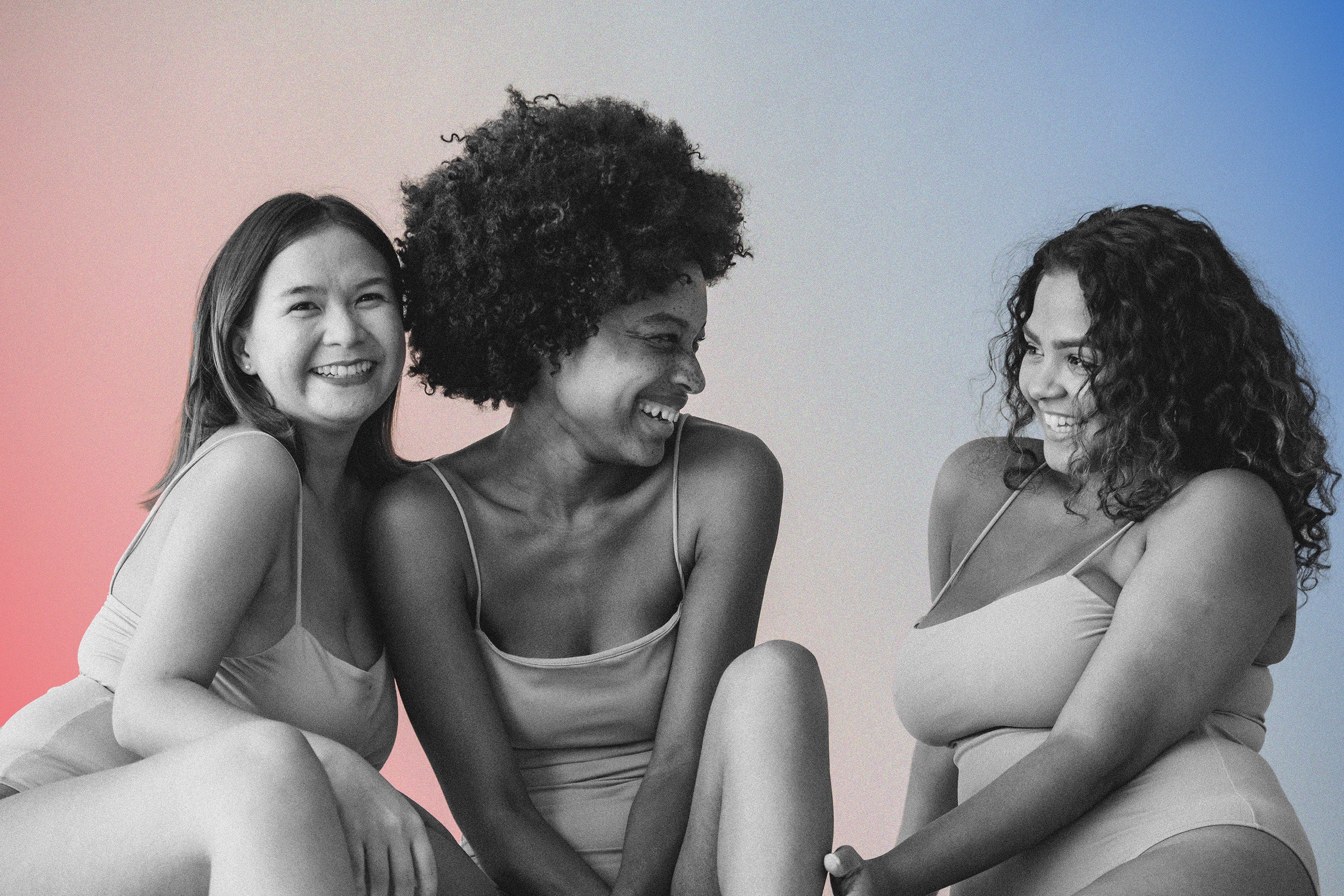 Three women sitting together against a gradient background