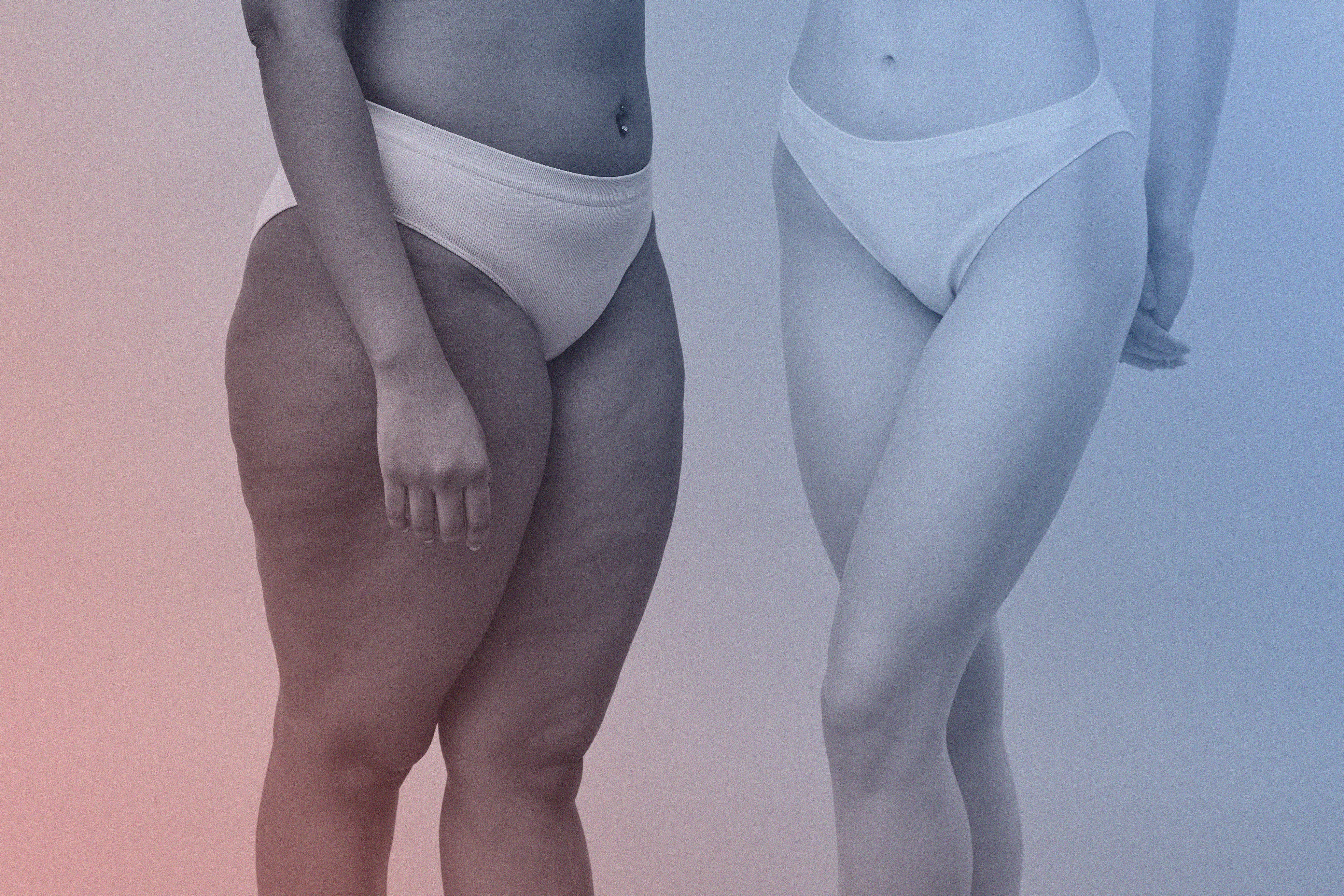 Two bodies, one with visible skin texture and the other smooth, on a gradient background.